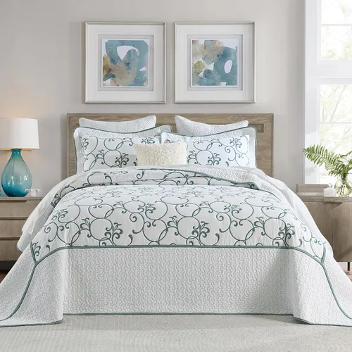 Miniatura 9 de Juego de cubrecama extra grande de 100% algodón de tamaño king, 120"x120", con fundas de almohada, juego de ropa de cama bordada ligera de 3 piezas