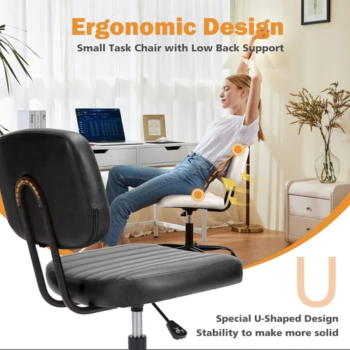 Miniatura 3 de Sweetcrispy Silla pequeña de escritorio de oficina, piel sintética sin brazos con cómodo soporte lumbar, altura ajustable para no tener brazos