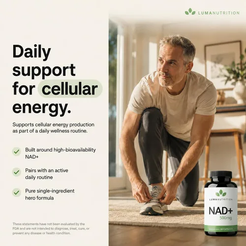 Miniatura 7 de Luma Nutrition Suplemento NAD+ de 500 mg por porción (250 mg por cápsula) – Envejecimiento más energía, metabolismo y apoyo celular – Suplementos