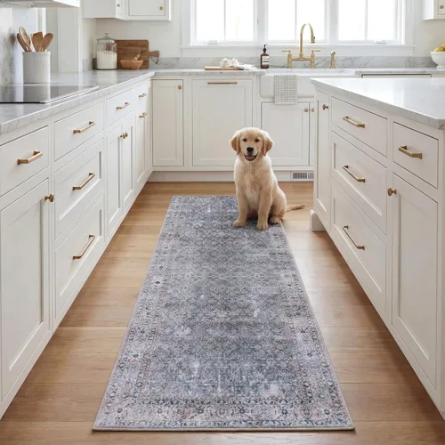 SAFAVIEH Washable Rug Tucson Collection - 2'6" x 6' Runner, Green Blue & Beige, Slip Resistant & Easy to Clean, Ideal for Hallway, Foyer, Entryway,