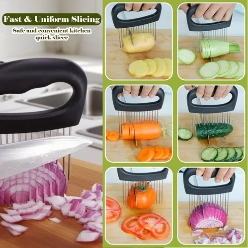 Miniatura 3 de FANTEXY Soporte de cebolla para rebanar, rebanador de cebolla y ablandador de carne, acero inoxidable extra grande de 16 puntas, picador de verduras