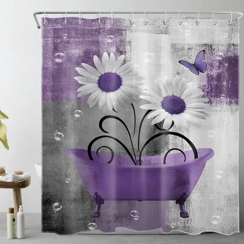Cortina de ducha rústica con diseño floral, diseño geométrico abstracto de margaritas y mariposas, cortina de ducha para baño, color gris y lavanda,