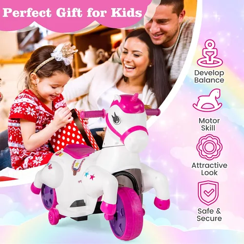 Miniatura 3 de OLAKIDS 2 en 1 motocicleta y caballo, unicornio de 6 V, juguete de paseo con batería con función de arriba y abajo, MP3, pantalla de potencia, Rosa