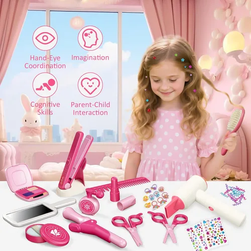 Miniatura 4 de RedCrab Juguetes de peluquería para niñas, 45 piezas de peluquería con secador de pelo, peine, joyas brillantes para el cabello, juego de peinado