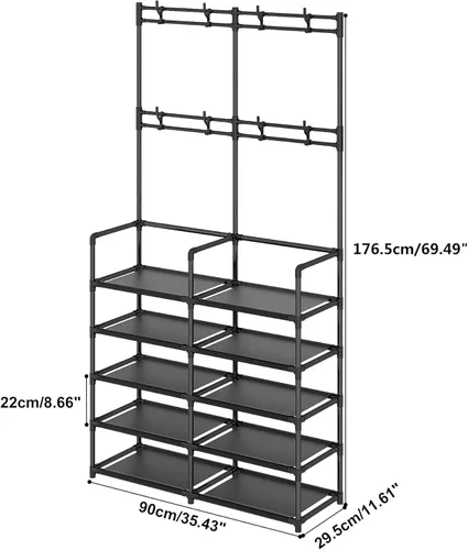 Miniatura 3 de UDEAR Perchero de 5 niveles para abrigos y zapatos, perchero de entrada con 8 ganchos, organizador de zapatos de doble fila para sala de estar