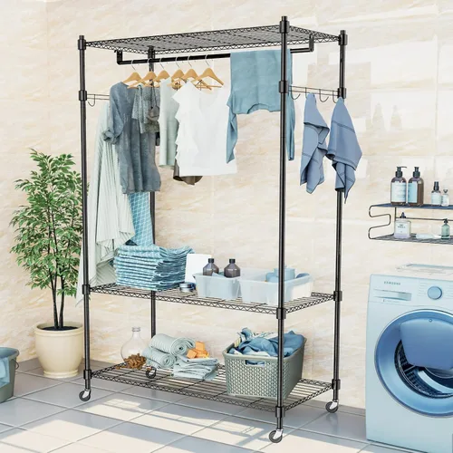 Miniatura 5 de Himimi Perchero resistente de 3 niveles con ruedas, estante de alambre ajustable con barra para colgar, 4 ganchos laterales, estante de Gris