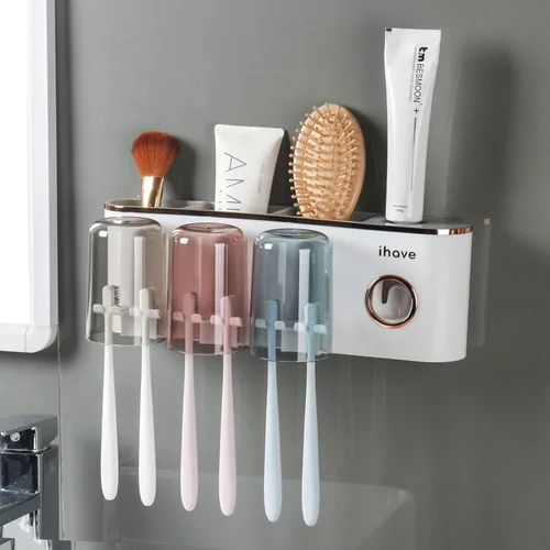 iHave Portacepillos de dientes, accesorios de baño con dispensador de pasta de dientes, 3 tazas, soporte para cepillos de dientes, decoración de