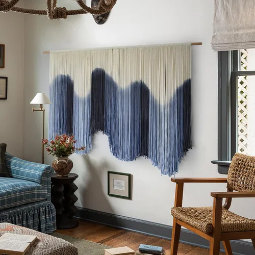 Miniatura 2 de IOWER Colgante de Pared de Macramé Grande Azul Teñido por Inmersión Arte de Fibra Tapiz, Decoración de Pared Boho Hecha a Mano para Sala de Estar
