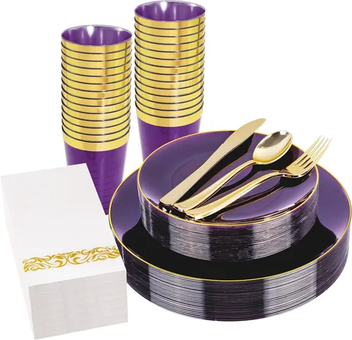 Miniatura 14 de YOUBET 125 piezas de platos de plástico negros y dorados - Platos desechables negros con borde dorado - Incluye 25 platos de cena, 25 platos