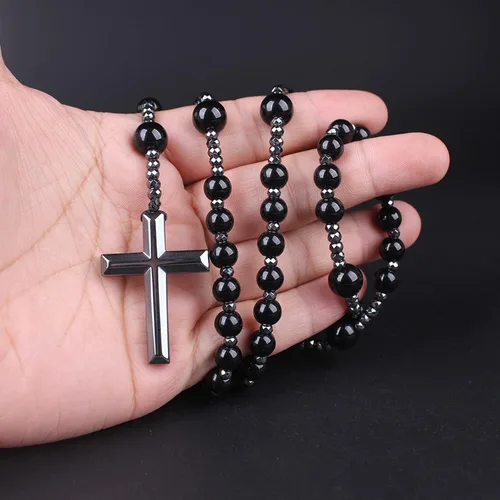 Miniatura 6 de Rosary for Men, Cross Necklace for Men, Tiger Eye Black Obsidian Rosary Beads for Women, Rosarios Catolicos