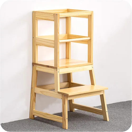 Miniatura 9 de Taburete de cocina WOOD CITY, taburete de cocina para niños pequeños con baranda de seguridad, altura ajustable, torre de aprendizaje para niños