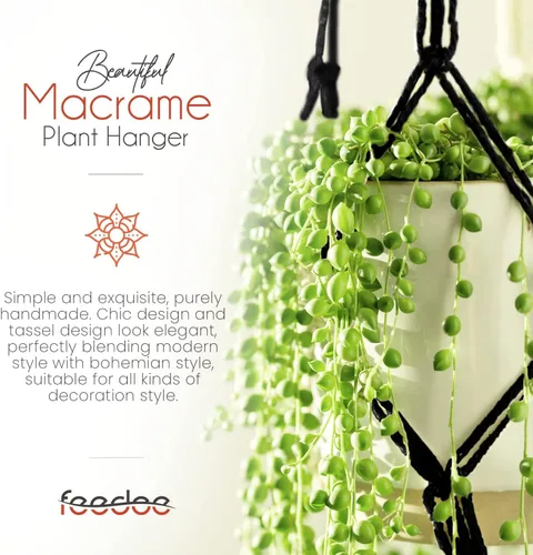 Miniatura 6 de Feedee Ganchos de macramé para plantas, paquete de 6, color negro, interior/exterior, algodón