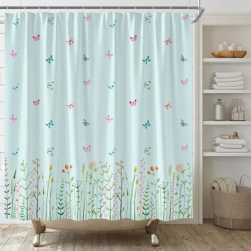 Cortina de ducha de flores y mariposas, flores de flores, primavera, naturaleza, fantasía, jardín, tela para el hogar, juego de decoración de baño