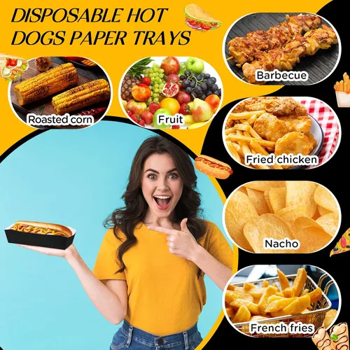 Miniatura 3 de Yeaqee 100 bandejas de papel de 7 pulgadas desechables para perros calientes, alimentos, nachos, botes para perros calientes, platos de comida Negro