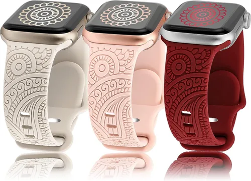 Miniatura 8 de Correa grabada floral compatible con Apple Watch Band de 1.496 pulgadas, 1.575 pulgadas, 1.614 pulgadas, mujeres, hombres y niños, correas