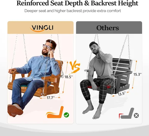 Miniatura 2 de VINGLI Columpio de madera resistente para porche de patio para 1 persona de 440 libras con asiento más profundo y respaldo más alto y portavasos