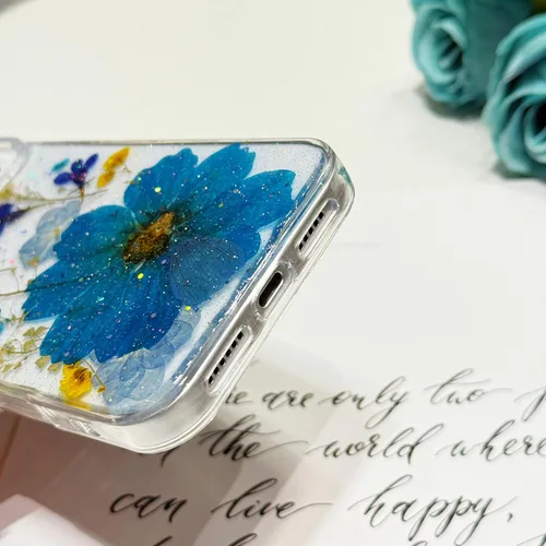 Miniatura 6 de Funda floral para iPhone 17 con flores reales prensadas, bonito diseño de flores secas prensadas transparentes con purpurina para mujer, suave TPU