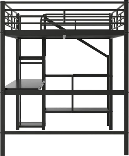 Miniatura 7 de Bellemave Cama tipo loft de metal de tamaño matrimonial con escritorio en forma de L, marco de cama tipo loft con luz LED, estación de carga