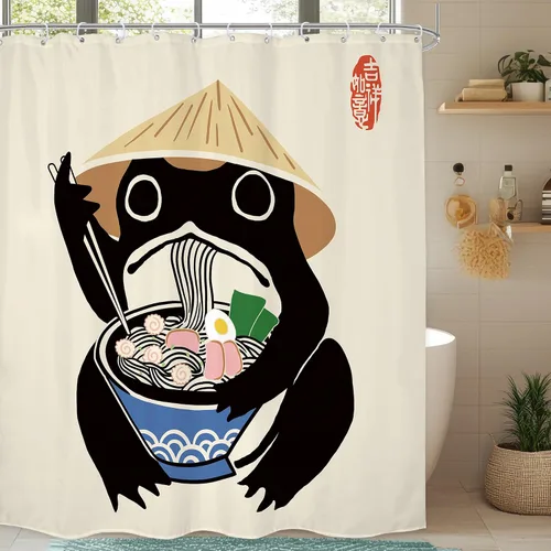 Miniatura 33 de Juego Divertido de Cortina de Rana Retro para Ducha, Juego de Baño 48x71 Pulgadas, Estilo Asiático Lindo, Arte Japonés Tradicional de Pato de Goma