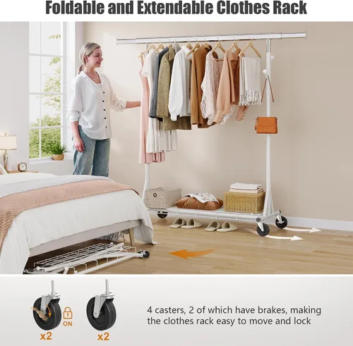 Miniatura 23 de Gewudraw Estante de ropa resistente con carga de 900 libras, estante comercial de doble barra con ruedas y estantes resistentes, estante colgante