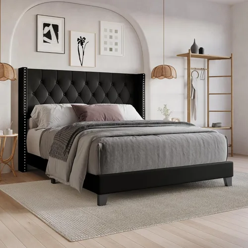 Miniatura 2 de HOME DESIGN Homer - Marco de cama tapizado con respaldo copetudo, cabecera capitonada de piel sintética con botones y ribete de cabeza de clavo