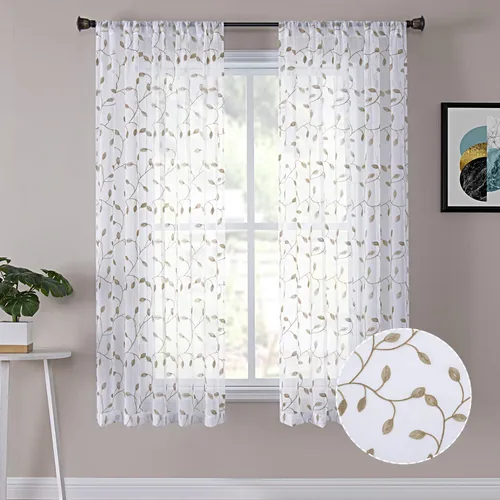 Miniatura 19 de Tollpiz Cortinas Cortas Transparentes de Hojas con Bordado de Hojas Grises, Cortinas de Dormitorio con Bolsillo para Barra, Voile de Lino Sintético