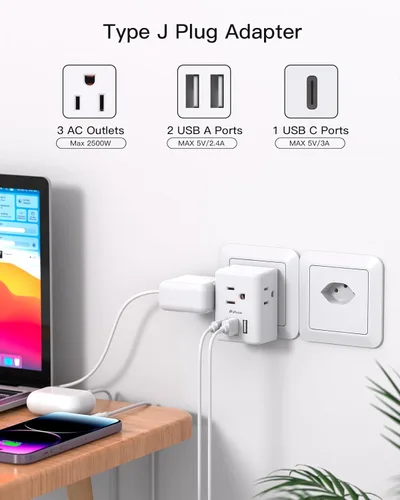 Miniatura 3 de Adaptador de enchufe de viaje para Suiza, adaptador de enchufe suizo con 3 tomacorrientes, 3 puertos de carga USB (1 USB C), adaptador de corriente