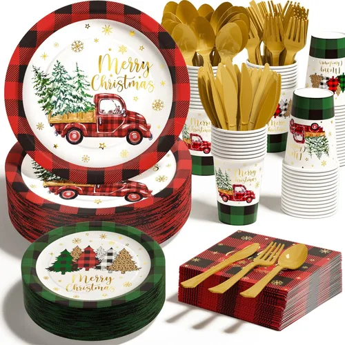 Miniatura 6 de Suministros de decoración de fiesta de Navidad - 175 piezas de juego de vajilla desechable de Navidad (25 invitados) con camión a cuadros de búfalo