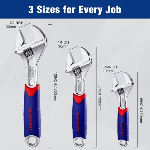Miniatura 7 de WORKPRO Juego de llaves ajustables CR-V de 3 piezas con empuñaduras antideslizantes de goma de 10 pulgadas, 8 pulgadas, 6 pulgadas