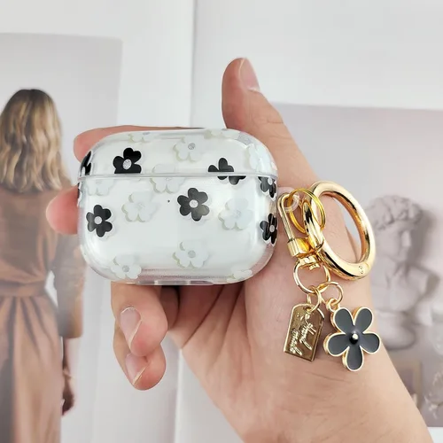 Miniatura 6 de Funda compatible con AirPods Pro 2 2022, TPU suave con bonito patrón de flores para AirPods Pro de 2ª/1ª generación con llavero de flores y Negro