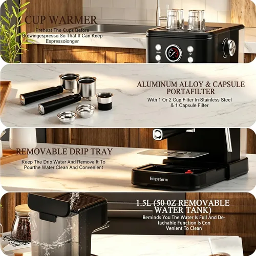Miniatura 7 de Empstorm Máquina de Espresso de 20 Bar con Espumador de Leche al Vapor, Cafetera de Espresso Compatible con Cápsulas Originales NS 2 EN 1, Máquina