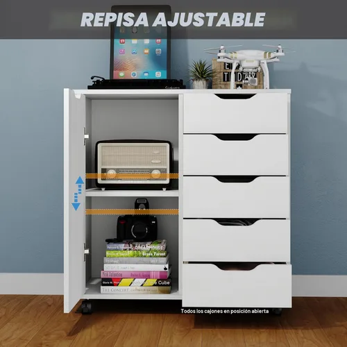 Miniatura 4 de Panana - Cómoda de 5 cajones con 1 puerta, cómoda de madera con cajones y ruedas, gabinete de almacenamiento para oficina y dormitorio, mueble