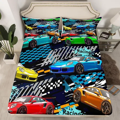 Miniatura 3 de Manfei Coloful - Sábana bajera ajustable de auto de carreras para niños, 2 piezas, para decoración de habitación de niños y adolescentes, funda