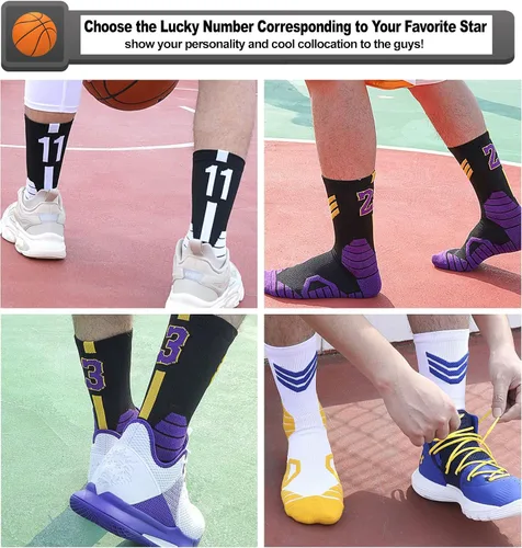Miniatura 5 de 2 pares de calcetines de baloncesto para hombres y niños, equipo de baloncesto con número de la suerte, calcetines de estrella para niños y adultos