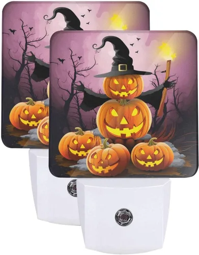 Miniatura 16 de Paquete de 2 luces LED de noche enchufables con diseño de calabazas de Acción de Gracias, sensor automático, hojas de otoño, juego de 2