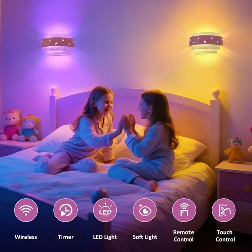 Miniatura 8 de Lightess Aplique de pared rosa que funciona con pilas para habitación de niñas, lámpara de pared LED regulable con forma de estrella, lámpara