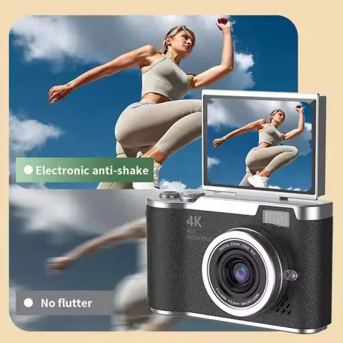 Miniatura 5 de Cámara digital 4K para fotos, cámara retro portátil con pantalla abatible, cámara retro compacta para exteriores (negro, 1 juego)