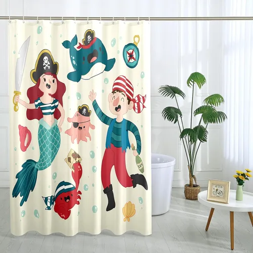 Miniatura 2 de Cortina de ducha de sirena con ganchos, diseño náutico de dibujos animados, pirata, ballena, océano, pulpo, divertido, beige, poliéster