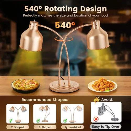 Miniatura 3 de Lámpara de calor de alimentos, 500 W de doble cabeza de acero inoxidable comercial lámpara calentadora de alimentos con rotación de 540° y 3 Rojo