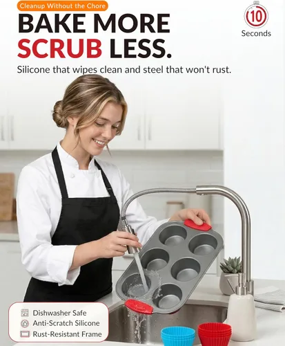 Miniatura 5 de Boxiki Kitchen Molde de acero antiadherente para magdalenas de 6 tazas con asas de silicona y forros reutilizables, perfecto para hornear magdalenas
