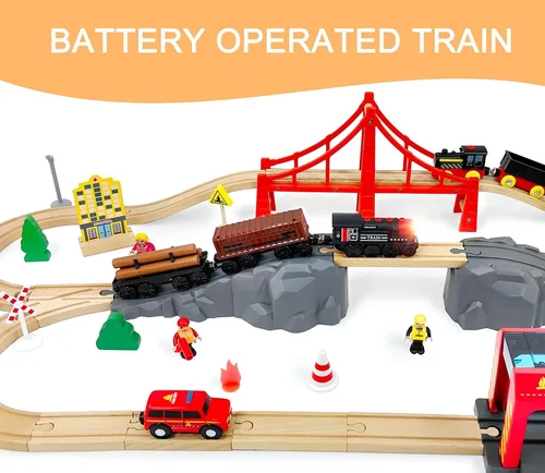 Miniatura 4 de Tren motorizado para pista de madera, juego de 3 piezas de tren de juguete para niños y niñas de 3, 4, 5+ años, tren con batería compatible