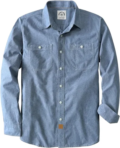Miniatura 7 de Dubinik® Chambray - Camisa de trabajo de algodón de manga larga para hombre, con 2 bolsillos, casual, con botones