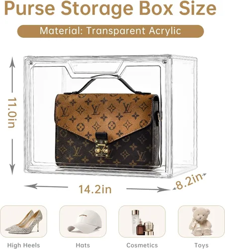 Miniatura 18 de Organizador de bolso para armario, vitrina de acrílico transparente para organizador de bolso, caja de almacenamiento de monedero con puerta