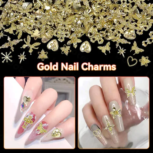 Miniatura 5 de 120 dijes de uñas dorados, corazón de estrella de metal 3D, flores de cruz dorada y dijes de la Virgen María para uñas acrílicas, accesorios