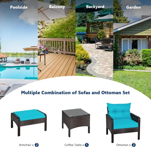 Miniatura 4 de Juego de muebles de mimbre para patio, juego de conversación de mimbre modular para exteriores con 2 otomanas y mesa de centro de vidrio templado