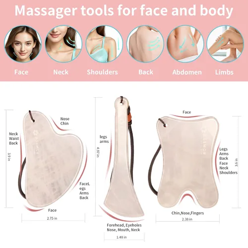 Miniatura 3 de Jade Gua Sha Masajeador Set de cuidado de la piel, paquete 3 en 1, herramienta Guasha rosa para cara y cuerpo, productos de belleza de piedra