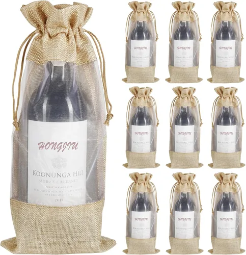 Miniatura 9 de Bolsas de vino de yute, 10 bolsas de arpillera roja para botellas de 25.4 fl oz con ventana transparente, bolsas de regalo de organza con cordón