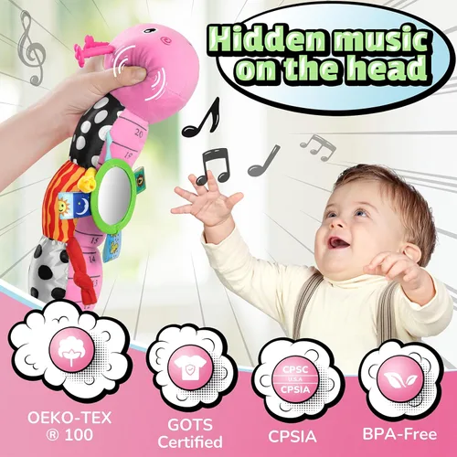 Miniatura 4 de LIGHTDESIRE Juguetes musicales para bebés, oruga, juguetes infantiles de 3, 6, 12 meses, juguete sensorial con diseño de regla, espejo, cuerda