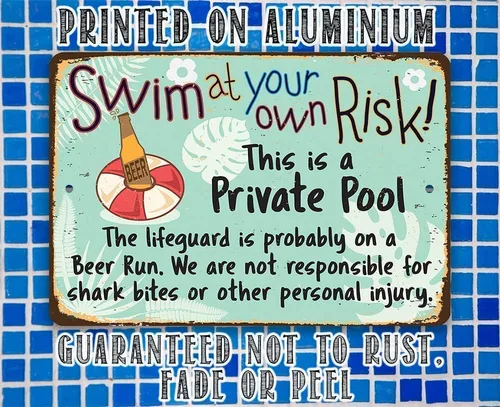 Miniatura 6 de Cartel de piscina – Arte de pared de metal «Swim at Your Own Risk» – Decoración duradera de piscina al aire libre para terraza, patio o patio