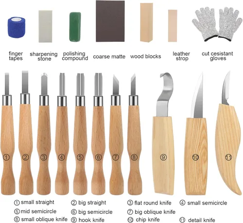Miniatura 8 de Kit de tallado de madera, 26 piezas, herramientas de tallado de madera, cuchillos detallados, cuchillos, bloques, guantes, kit de corte